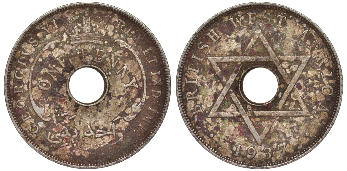 Британская Западная Африка 1 пенни 1937 H, Георг V KM 19 медно-никель 25-2446