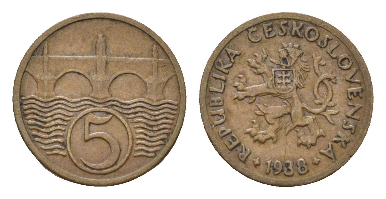 Чехословакия 5 геллеров 1938 KM 6 бронза 4643-1024