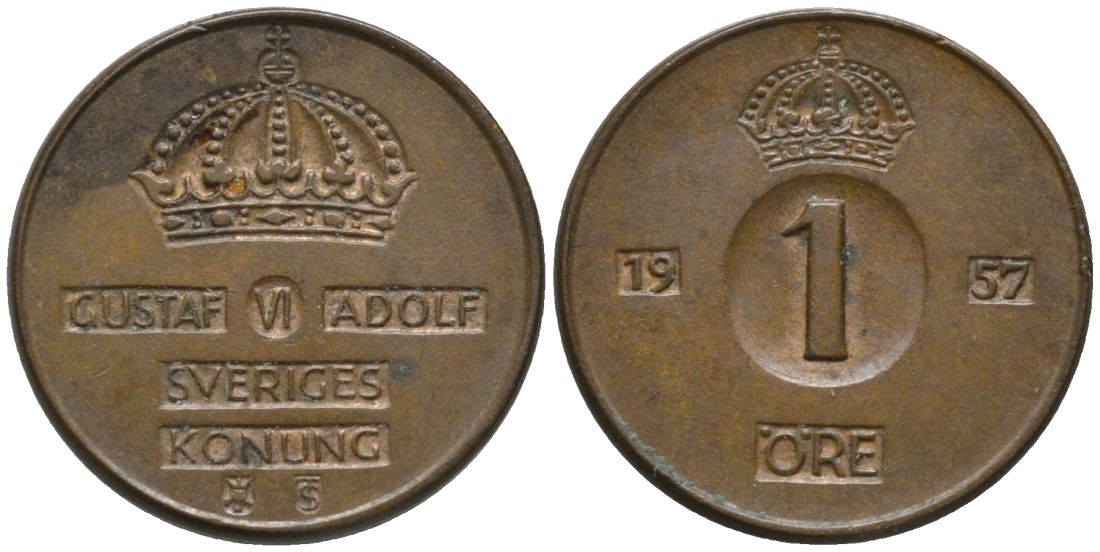 Швеция 1 эре 1957 TS, Густав VI Адольф (1950-1973) KM 820 бронза 54-1112