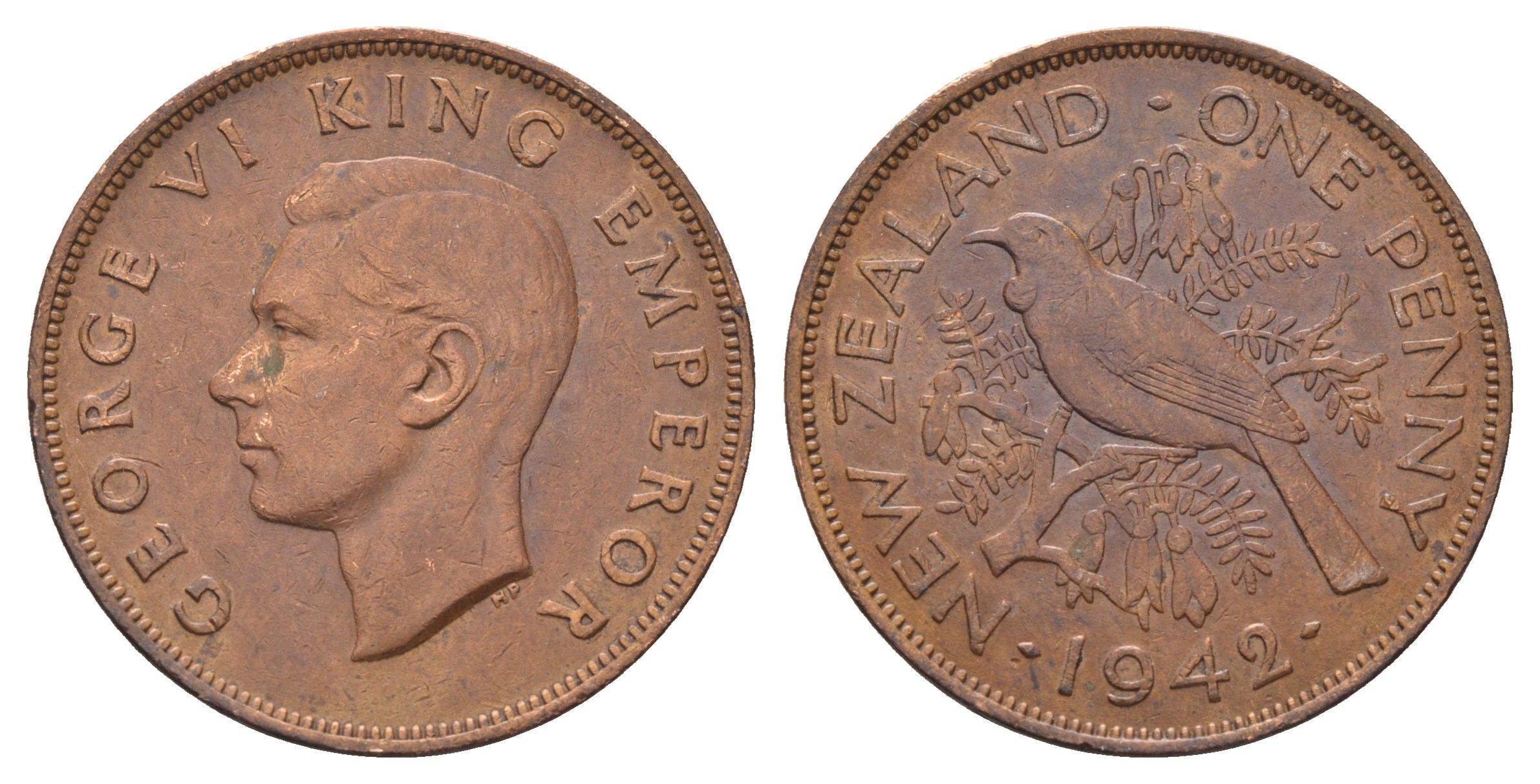 Новая Зеландия 1 пенни 1942 Георг VI (1936-1952), новозеландский туи KM 13 бронза 4661-212