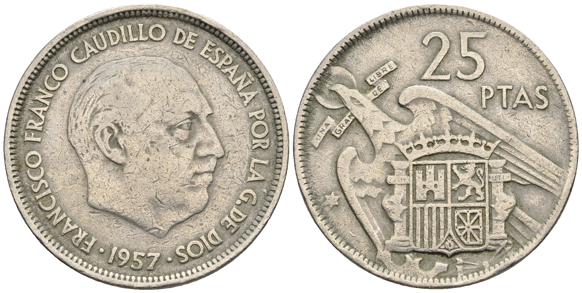 Испания 25 песет 1957 (64) Франсиско Франко (1939-1975) KM 787 медно-никель 85-754