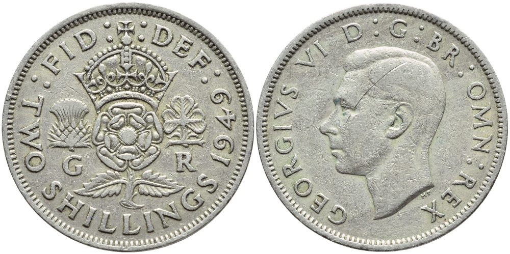 Великобритания 2 шиллинга (флорин) 1949 Георг VI (1936-1952) KM 878, Spink 4107 медно-никель 4394-1042