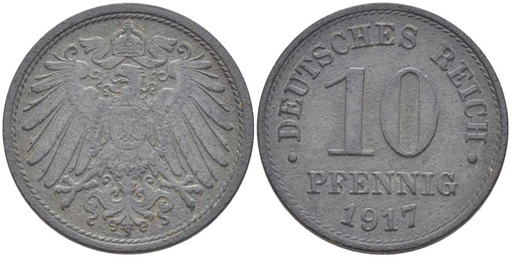 ГЕРМАНИЯ 10 ПФЕННИНГОВ 1917 KM 26, J.299, Weege 8 цинк 202-157