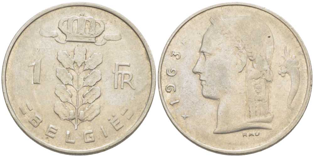 БЕЛЬГИЯ 1 ФРАНК 1963 BELGIE, БОДУЭН I (1951-1993) KM 143.1 медно-никель 213-332