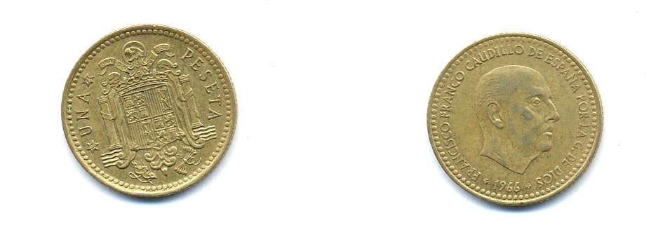 ИСПАНИЯ 1 ПЕСЕТА 1966 (73) ХУАН КАРЛОС I (1975-) KM 796 алюминиевая бронза 54-662