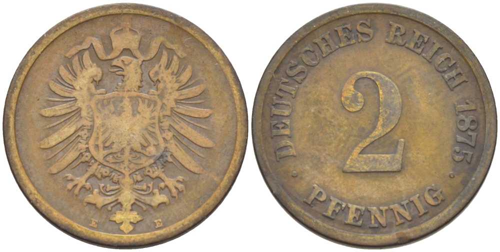ГЕРМАНИЯ 2 ПФЕННИГА 1875 E, СТАРОГЕРБОВКА KM 2, J. 2, Weege 3 медь 212-514