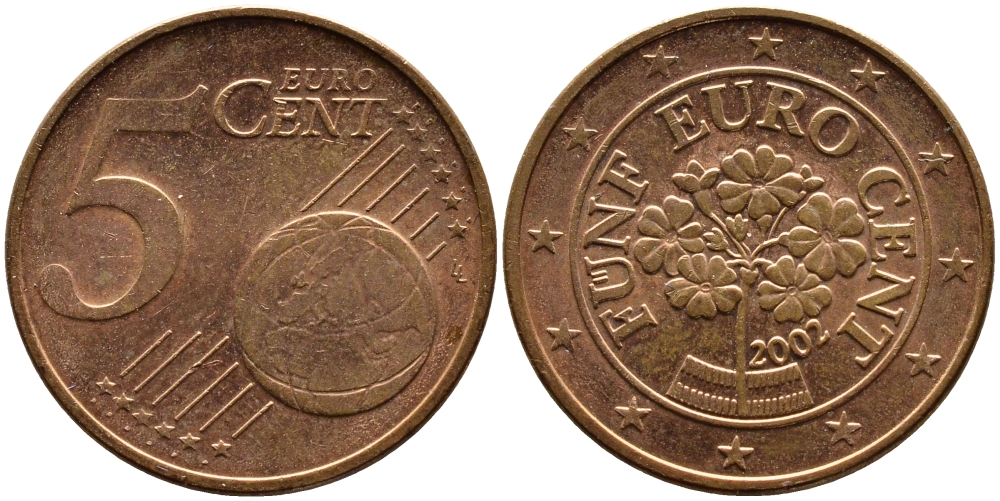 АВСТРИЯ 5 ЕВРОЦЕНТОВ 2002 KM 3084 сталь плакированная медью 4391-235