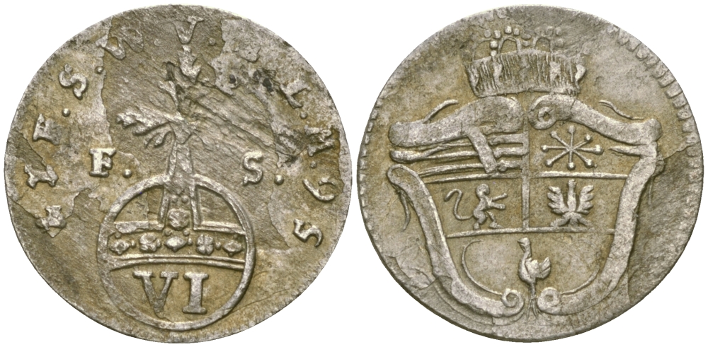 Саксен-Веймар-Эйзенах 6 пфеннигов 1756 FS, Эрнст Август II Константин (1748-1758), герб Koppe 509, slg. Mers.4115 серебро    99-1011