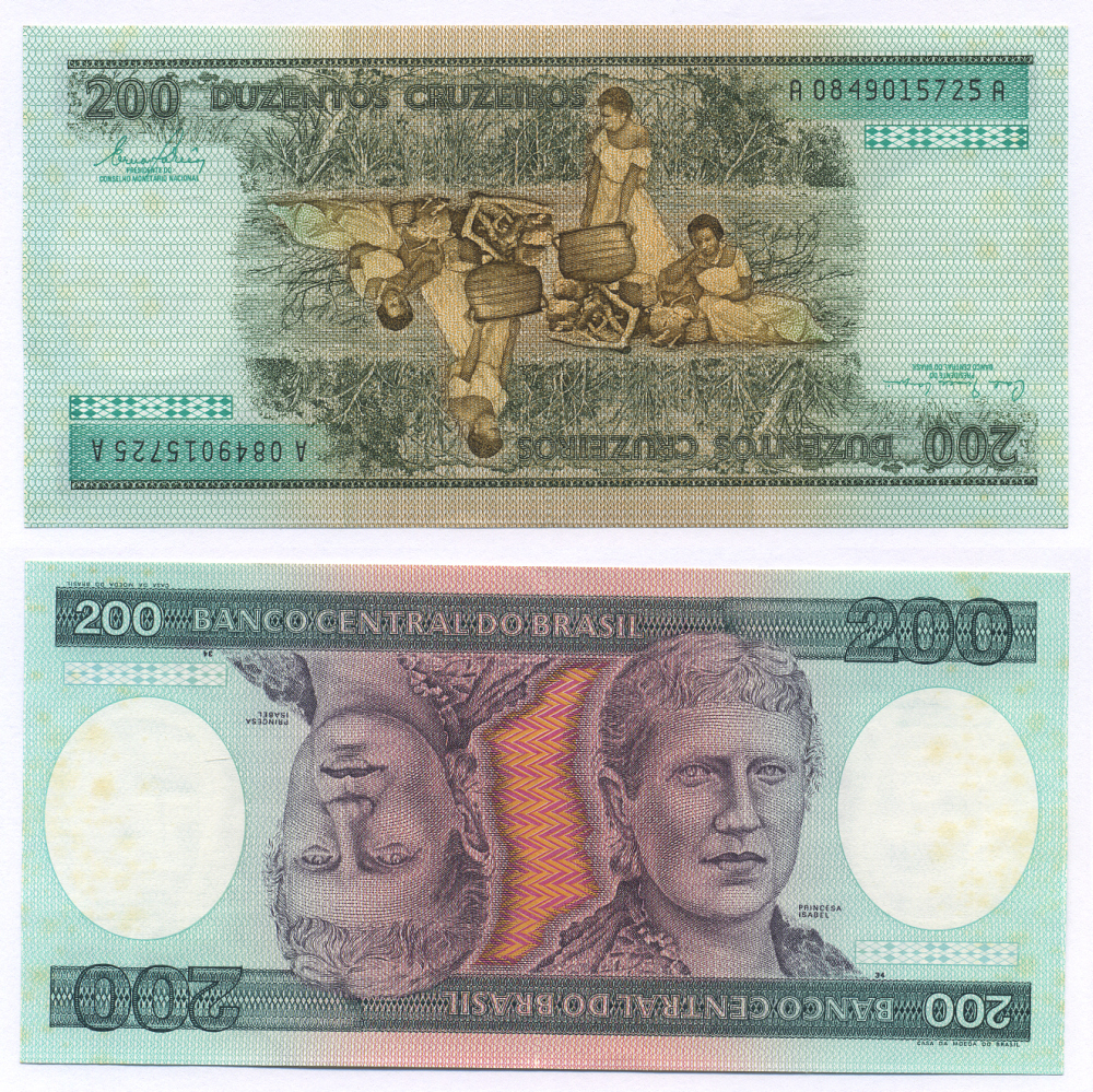 БРАЗИЛИЯ 200 КРУЗЕЙРО 1981 ПОДПИСЬ 20, СЕРИЯ А 0849, ПРИНЦЕССА ИЗАБЕЛА Pick 199a бумага aUNC 7553-18-2