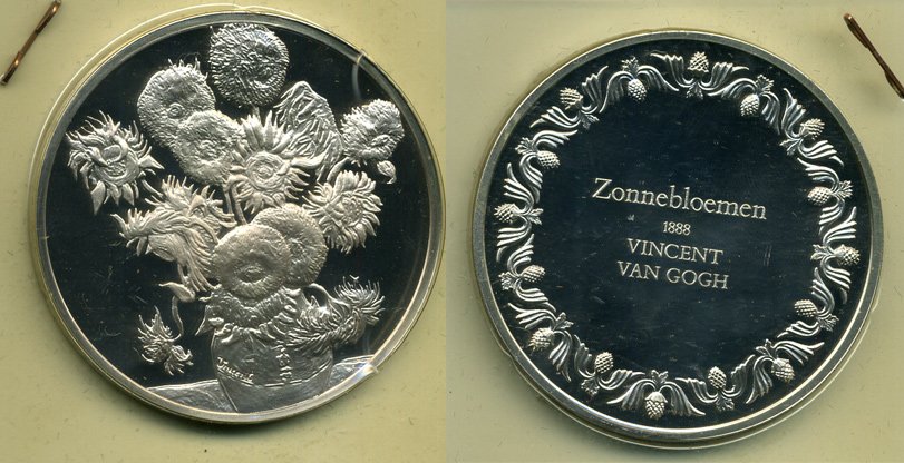 Нидерланды медаль ND подсолнухи, Ван Гог, 51,8 грамм серебро PROOF 00-00