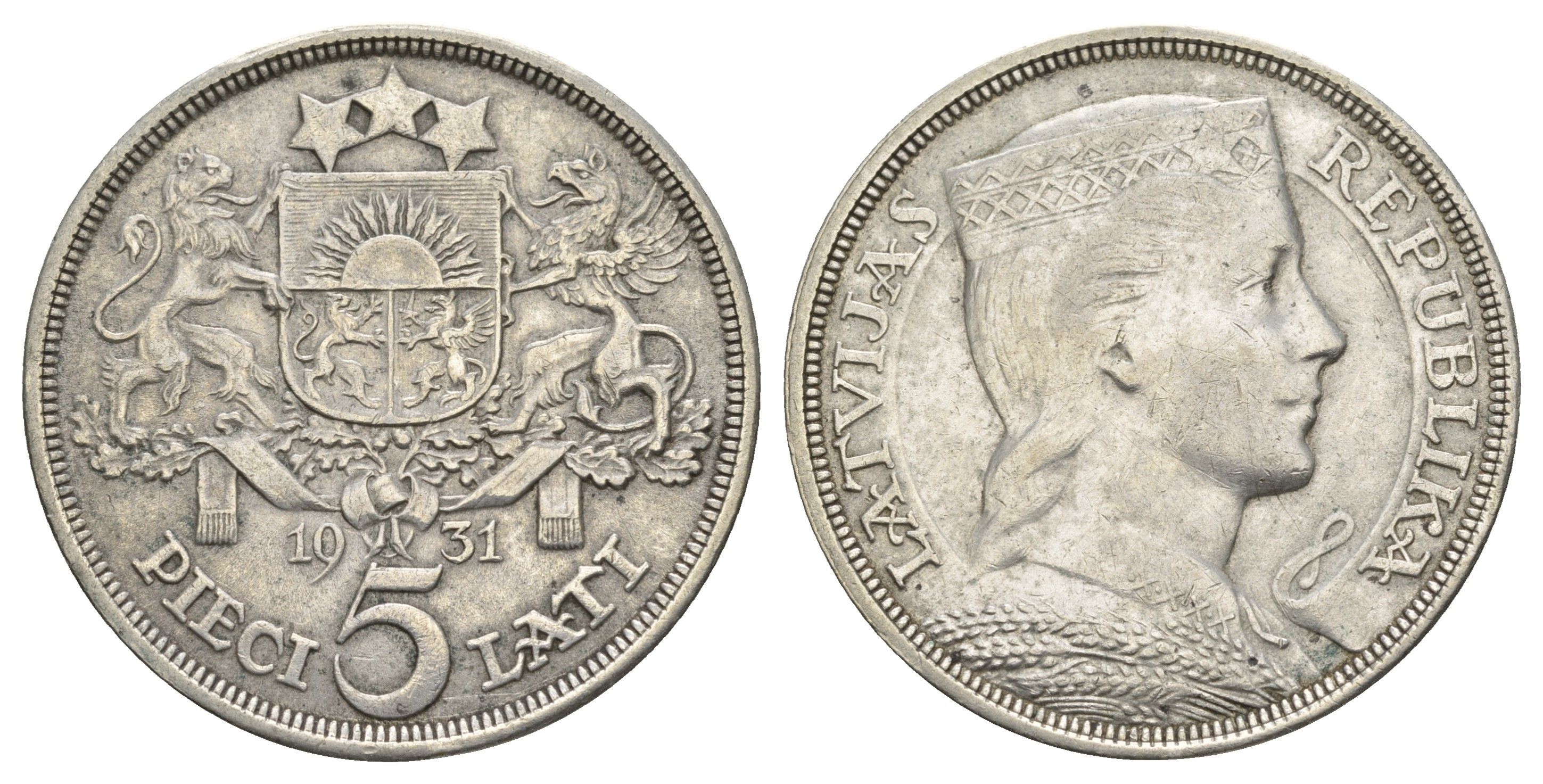 Латвия 5 латов 1931 девушка KM 9 серебро 443-1111