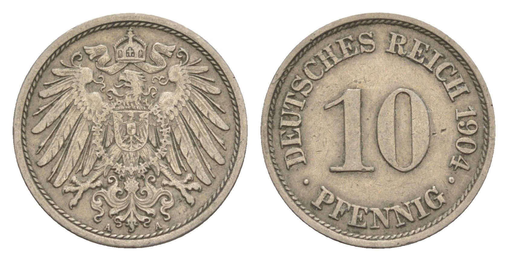 Германия 10 пфеннигов 1904 A, Вильгельм II (1888-1918) KM 12, J. 13 медно-никель 4644-1157