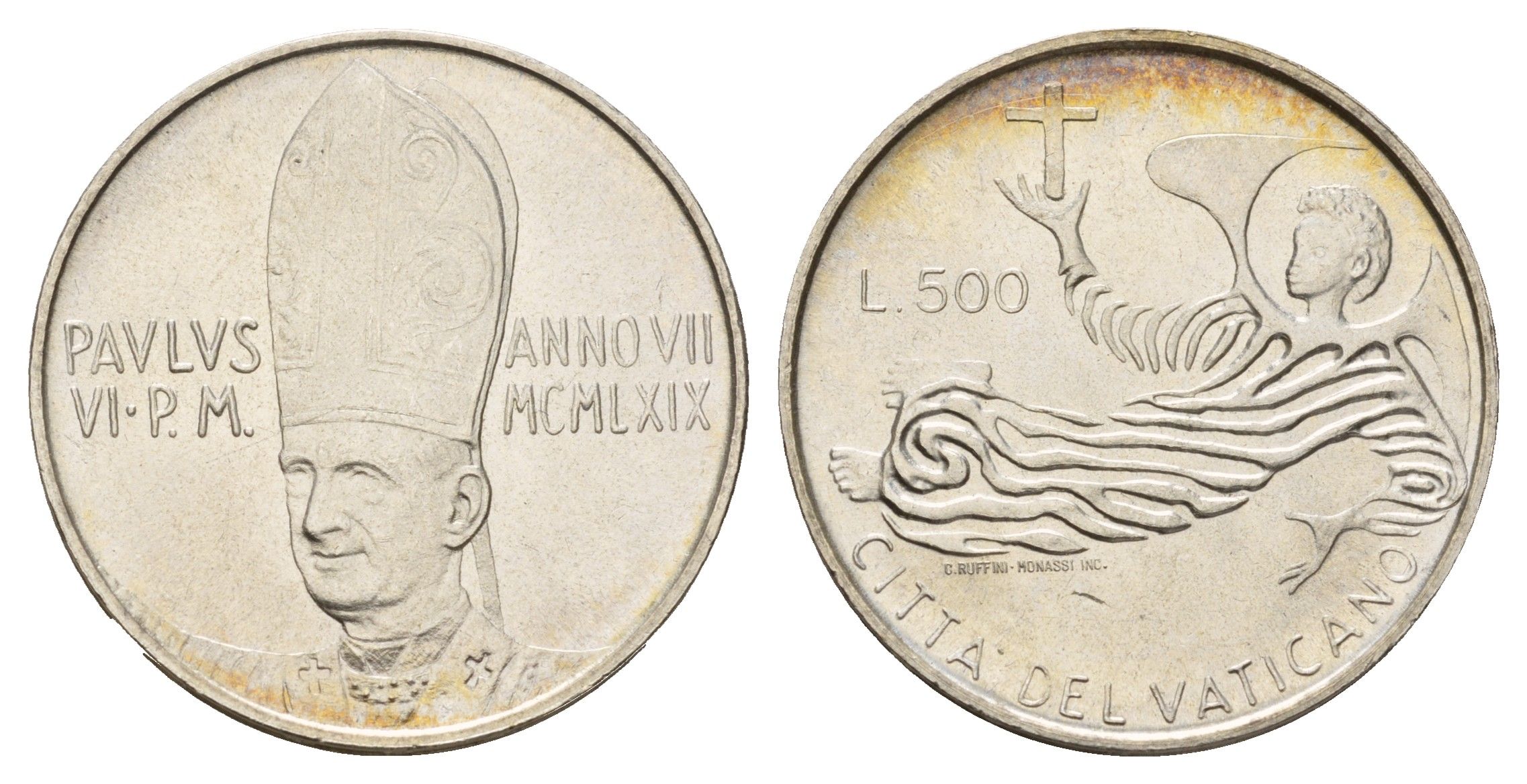 Ватикан 500 лир 1969 MCMLXIX, год-тип KM 115 серебро UNC 11-134-25