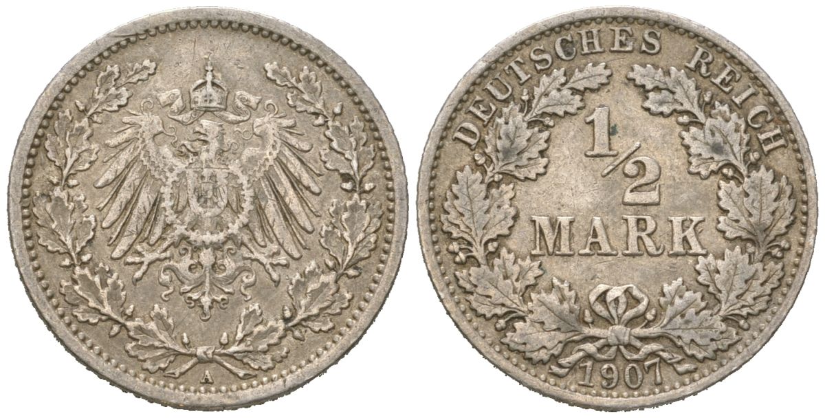 Германия 1/2 марки 1907 A, Вильгельм II (1888-1918) KM 17 серебро 100-631