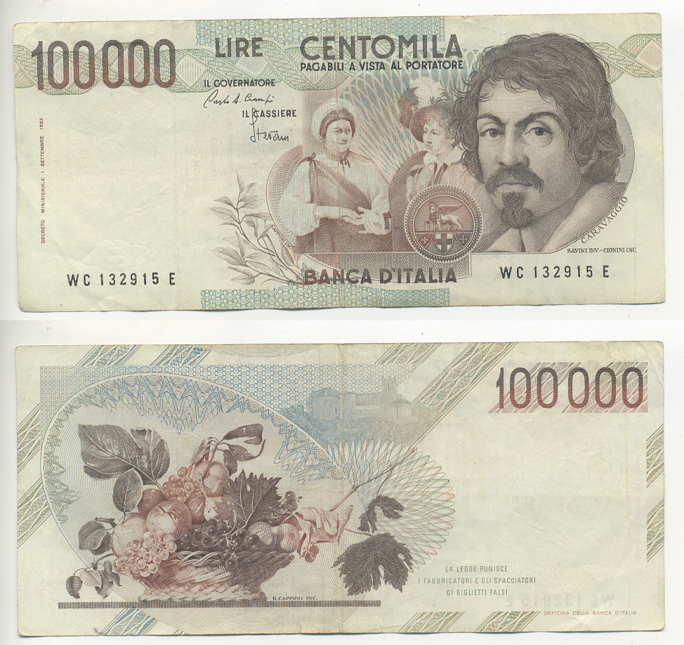 Италия 100000 лир 1983 Караваджо, фруктовый букет, подпись Speziali Pick 110b бумага 7220-31-1