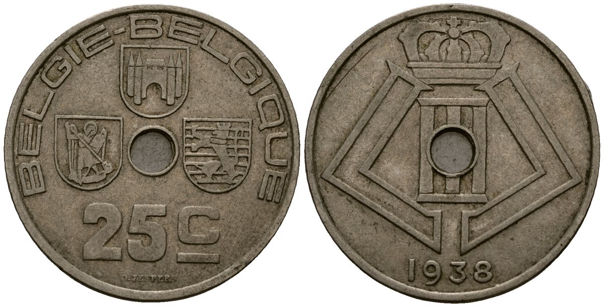 Бельгия 25 сантимов 1938 Belgie - Belgique KM 115 никель латунь 4512-313