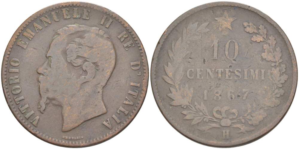 Италия 10 чентезимо 1867 H, Виктор Эммануил II (1861-1878) KM 11.3 медь 4526-834