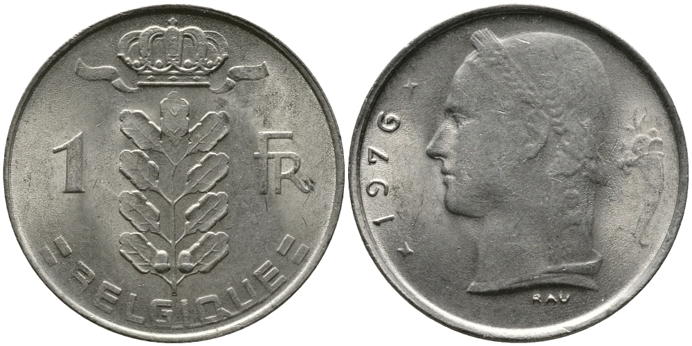 БЕЛЬГИЯ 1 ФРАНК 1976 BELGIQUE KM 142.1 медно-никель 98-617