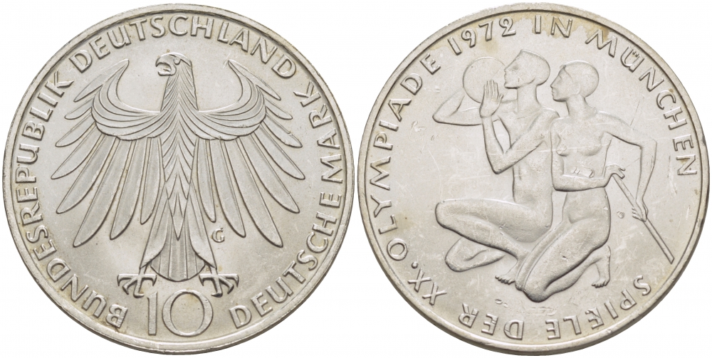 ФРГ 10 марок 1972 G, XX летние Олимпийские Игры, Мюнхен 1972, спортсмены KM 132, J. 403 серебро UNC 3457-414