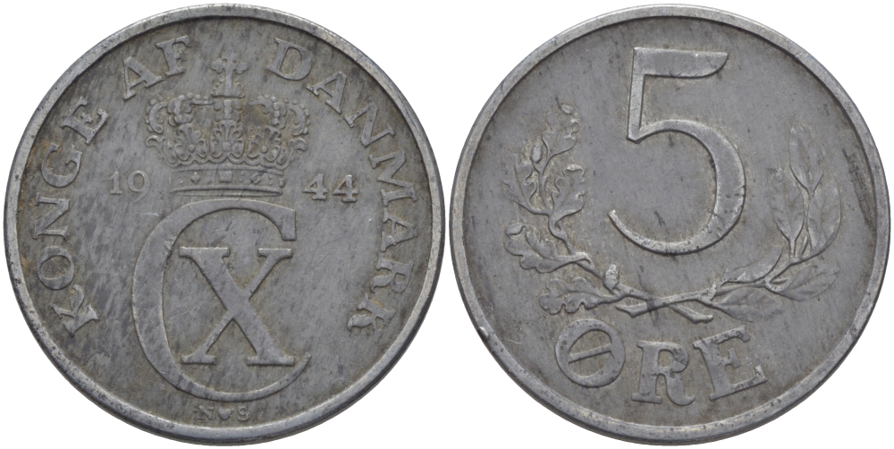ДАНИЯ 5 ЭРЕ 1944 N; S, КРИСТИАН X (1912-1947) KM 834a цинк 97-1143