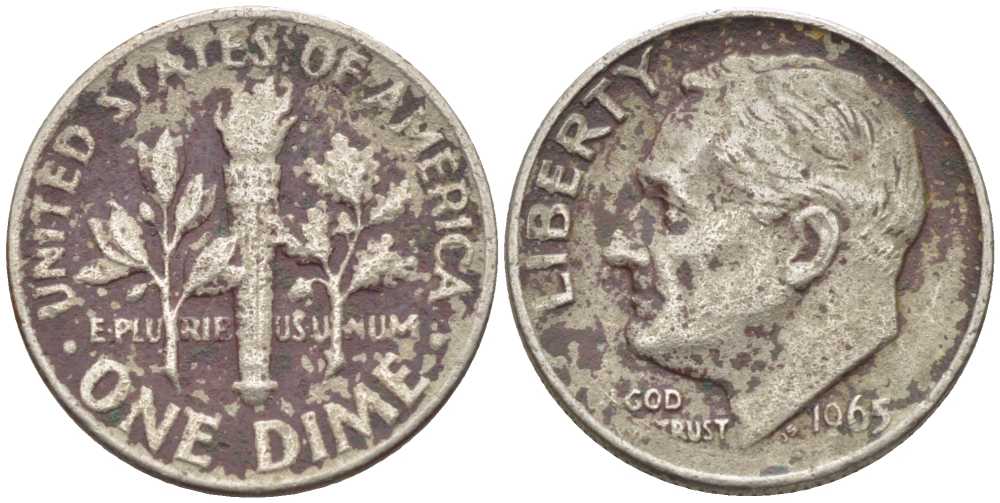 США 10 ЦЕНТОВ = 1 ДАЙМ 1965 РУЗВЕЛЬТ KM 195а медь плакированная медно-никелем 116-624