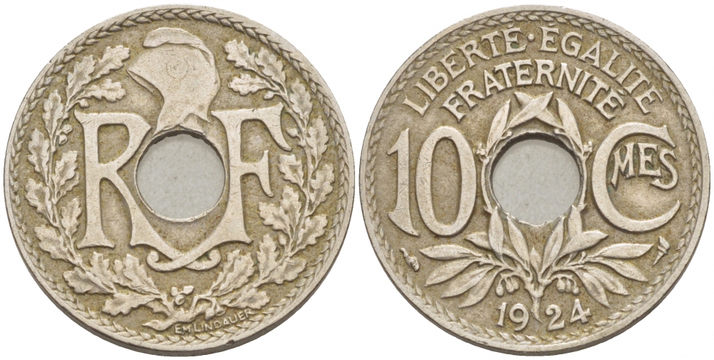 ФРАНЦИЯ 10 САНТИМОВ 1924 ТИП ЛИНДАЙЁ KM 866а, LE FRANC 138.10 медно-никель 67-526