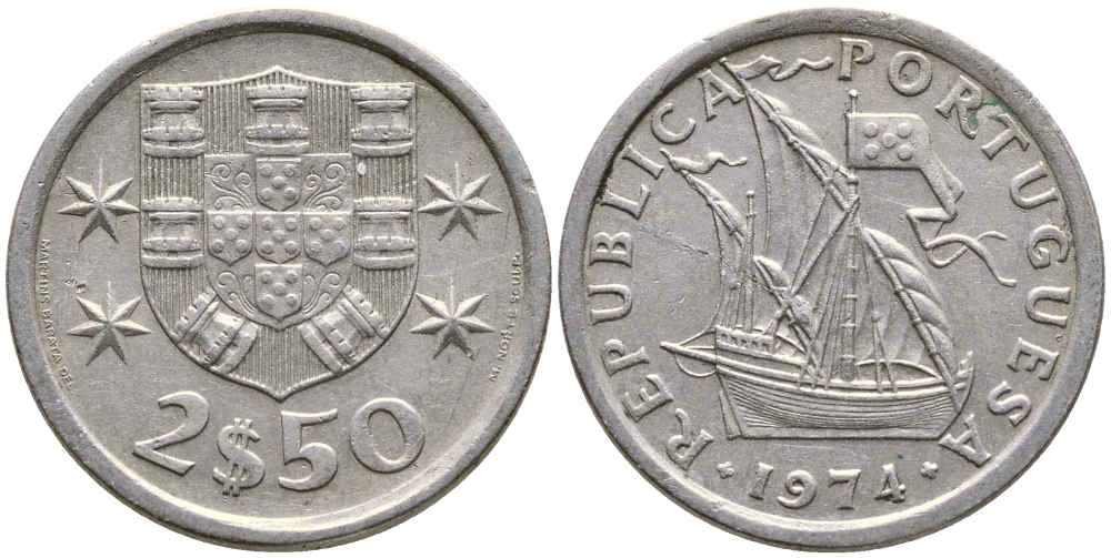 ПОРТУГАЛИЯ 2,5 ЭСКУДО 1974 ПАРУСНИК KM 590 медно-никель 4387-119
