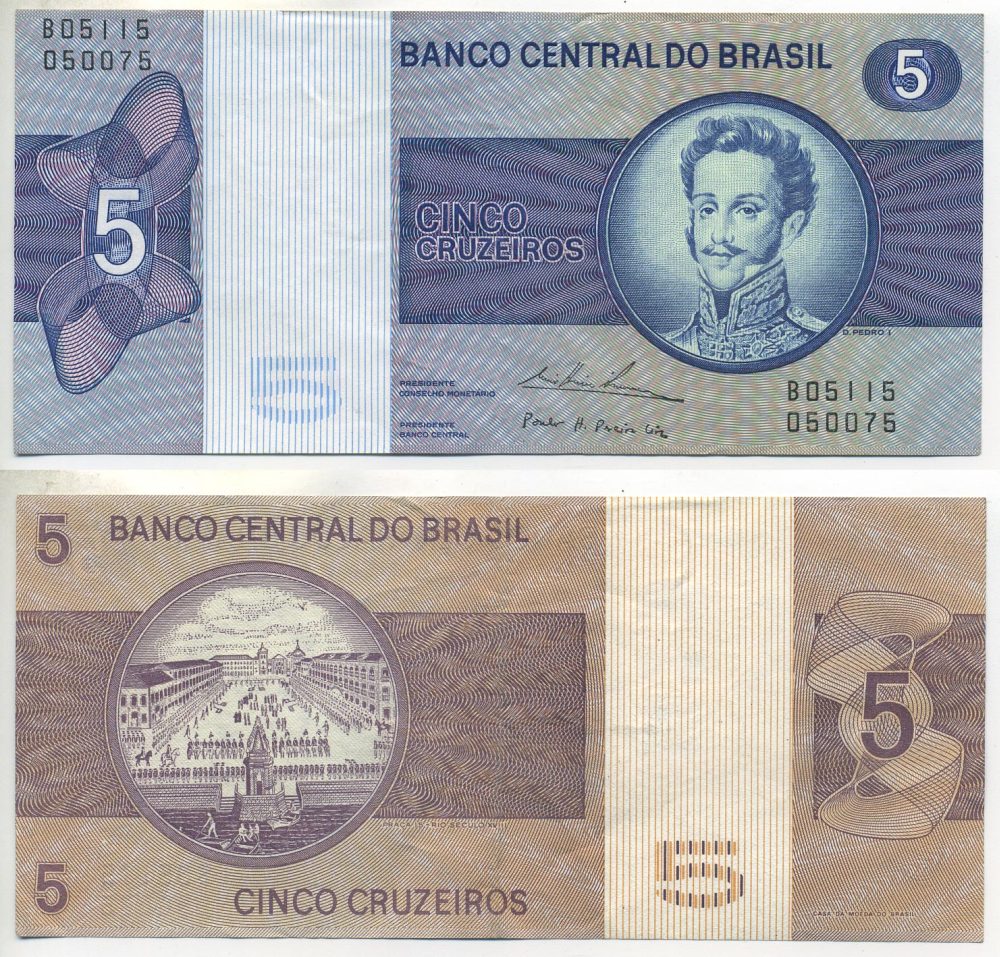 БРАЗИЛИЯ 5 КРУЗЕЙРО 1974 СЕРИЯ И 5115, ПОДПИСЬ 18, ПЕДРУ I, ИМПЕРАТОР БРАЗИЛЬСКОЙ ИМПЕРИИPick 192c бумага 7485-34-3