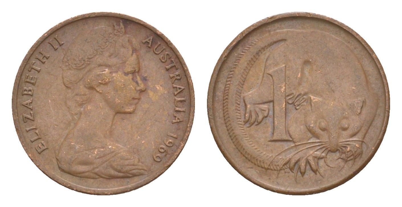 Австралия 1 цент 1969 Елизавета II (1952-2022), молодой портрет, опоссум KM 62 бронза 4585-218