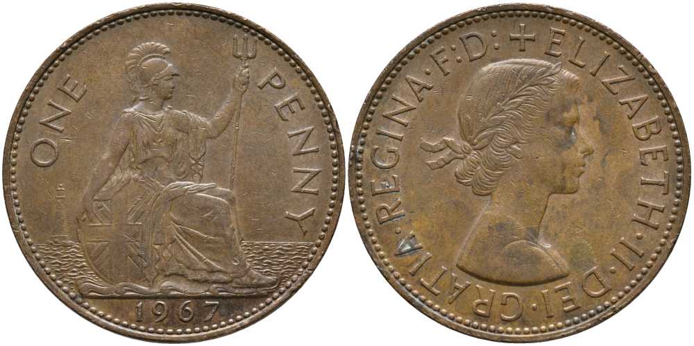Великобритания 1 пенни 1967 Елизавета II (1952-2022) КМ 897, Spink 4157 бронза 115-512