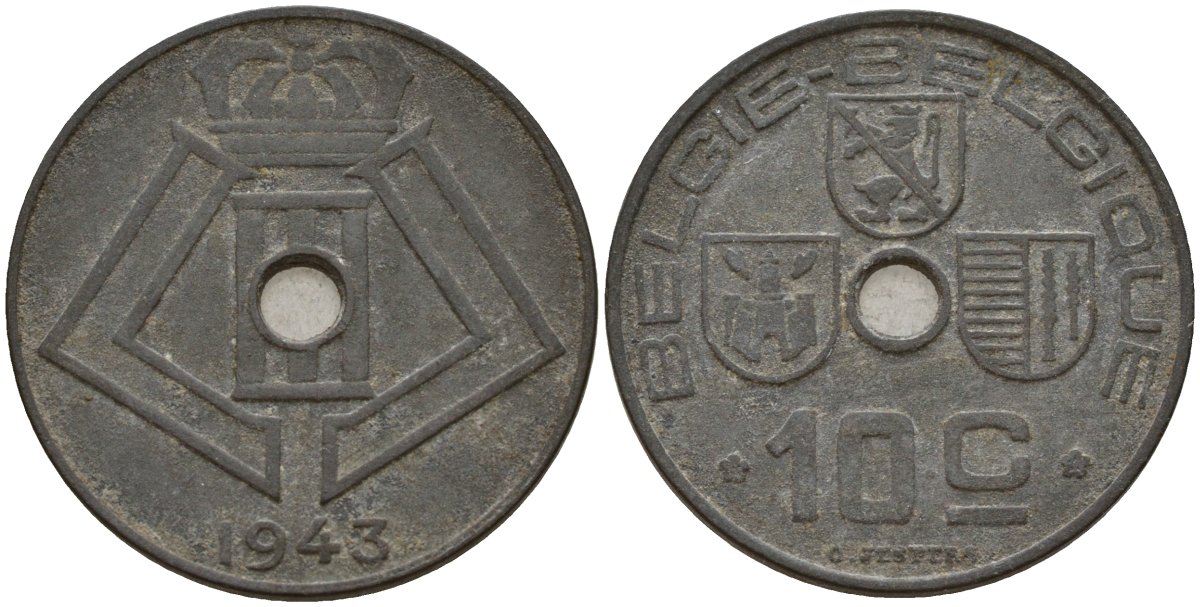 Бельгия 10 сантимов 1943 Belgie - Belgique, Леопольд III (1934-1947), германская оккупация, Вторая мировая война KM 126 цинк 4161-335