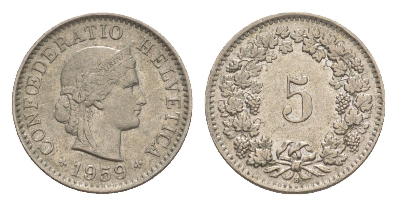 Швейцария 5 раппенов 1959 B KM 26 медно-никель 4611-761
