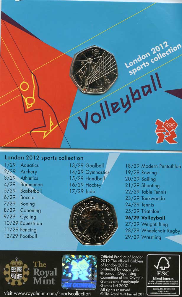 Великобритания 50 пенсов 2011 XXX летние Олимпийские игры в Лондоне в 2012 году, волейбол, в оригинальном картонном буклете, с Олимпийской голограммой (26/29) KM 1181 медно-никель  UNC  3-6-6-16