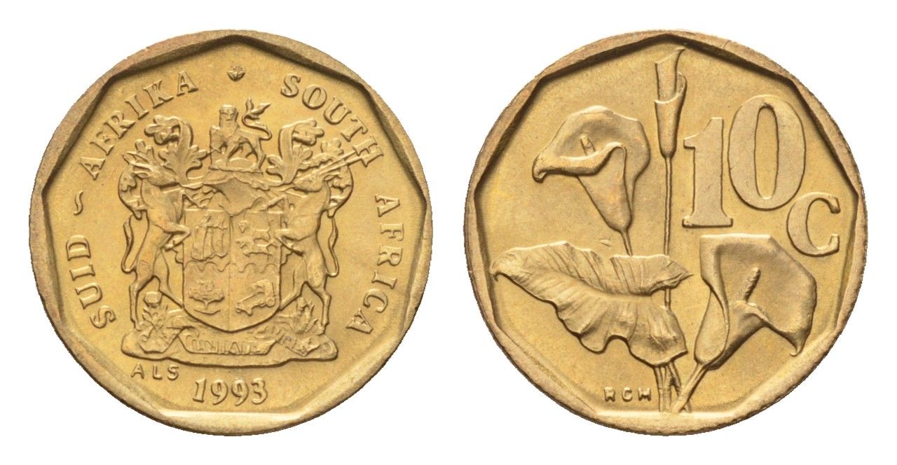 ЮАР 10 центов 1993 герб, цветок алоэ KM 135 сталь плакированная бронзой UNC 4694-657