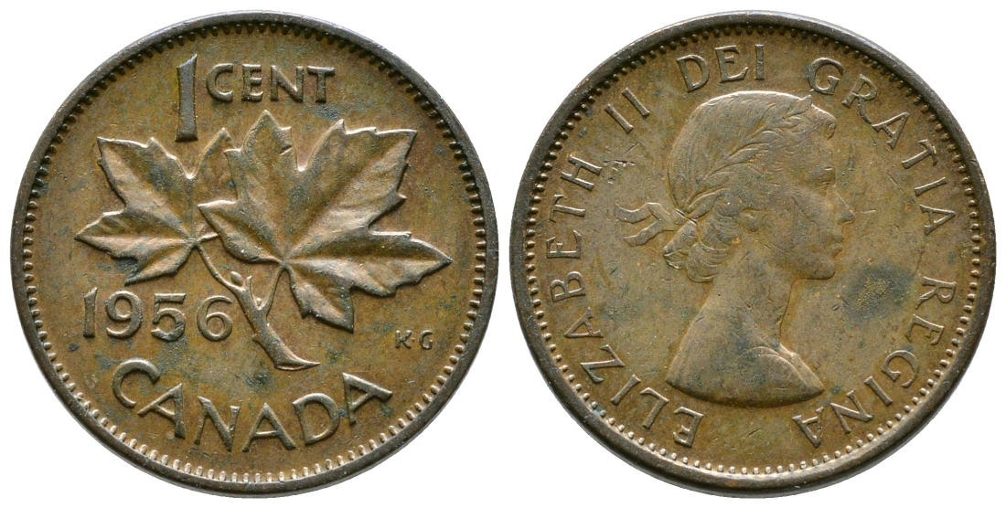 Канада 1 цент 1956 Елизавета II (1952-2022), кленовый лист KM 49 бронза 46-2545