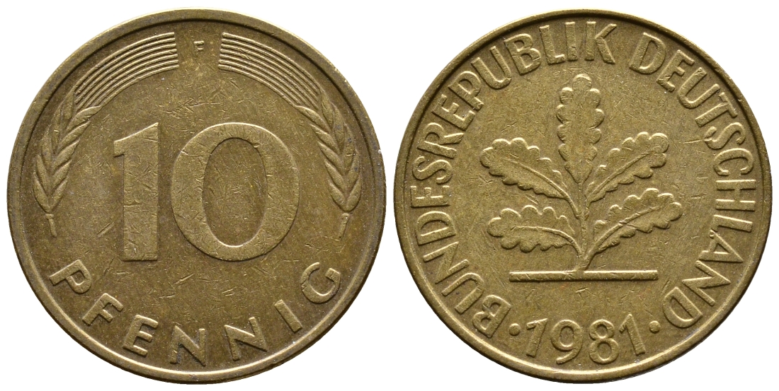 ФРГ 10 ПФЕННИГОВ 1981 F KM 108, J. 383 сталь плакированная латунью 56-1016