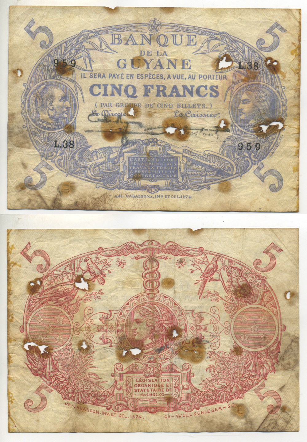 Французская Гвиана 5 франков 1942 1901 год Pick 1d бумага 451-302-1
