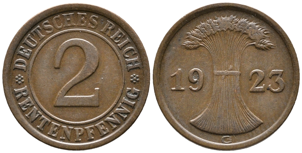 ГЕРМАНИЯ 2 РЕНТЕНПФЕННИГА 1923 G KM 31, J. 307 бронза 24-357