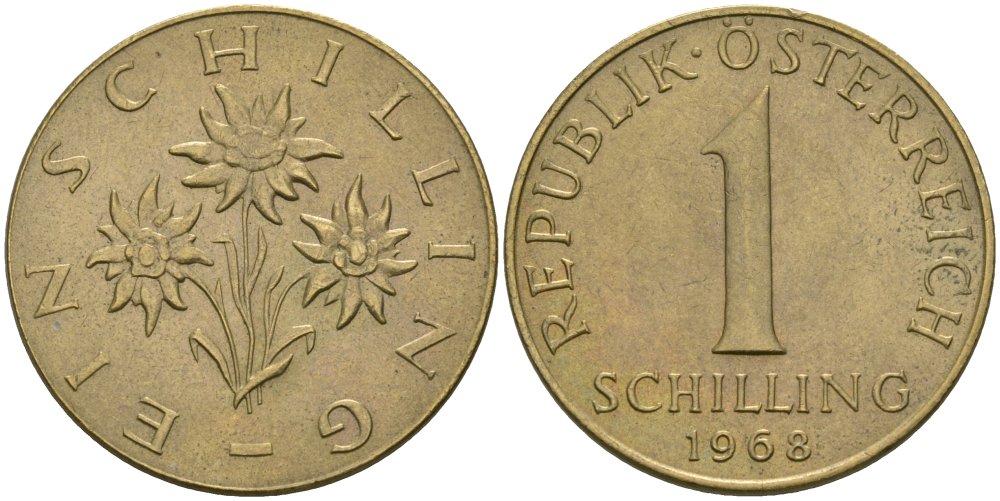 Австрия 1 шиллинг 1968 KM 2886 алюминиевая бронза 4579-332