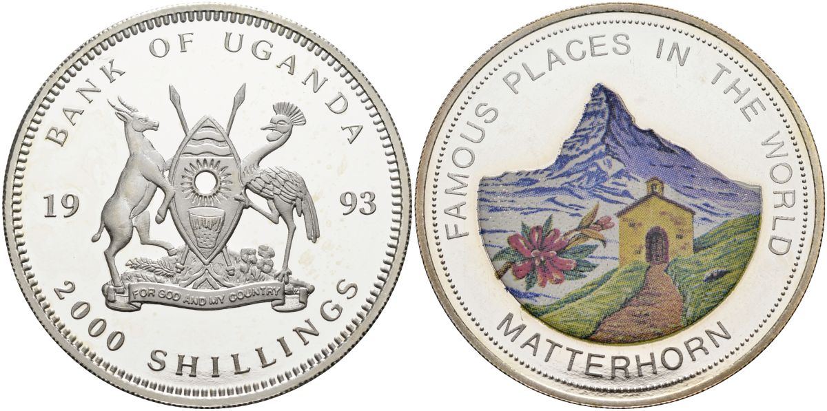 Уганда 2000 шиллингов 1993 гора Маттернхорн (Matterhorn), цветная эмаль, тираж 10000 экз. KM 42 серебро PROOF 1098-2-63