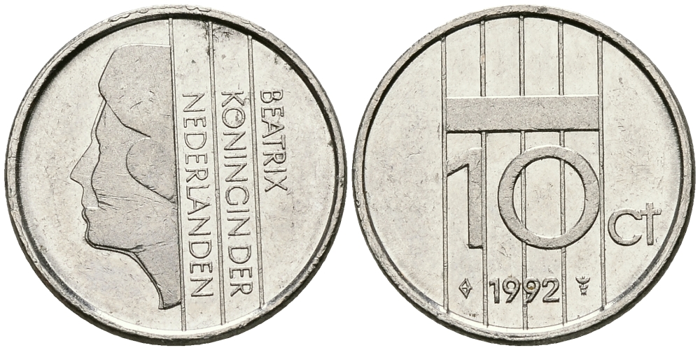 НИДЕРЛАНДЫ 10 ЦЕНТОВ 1992 БЕАТРИКС KM 203 никель 96-552