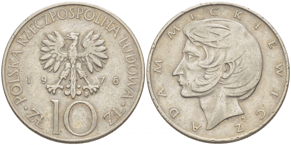 ПОЛЬША 10 ЗЛОТЫХ 1976 MW, АДАМ МИЦКЕВИЧ KM 74 медно-никель 213-814