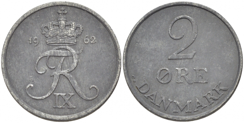 ДАНИЯ 2 ЭРЕ 1962 C; S, ФРЕДЕРИК IX (1947-1972) KM 840.2 цинк 87-1431
