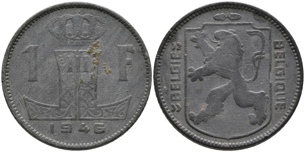 БЕЛЬГИЯ 1 ФРАНК 1946 BELGIE-BELGIQUE, ГЕРМАНСКАЯ ОККУПАЦИЯ, ВТОРАЯ МИРОВАЯ ВОЙНА KM 128 цинк 4390-432