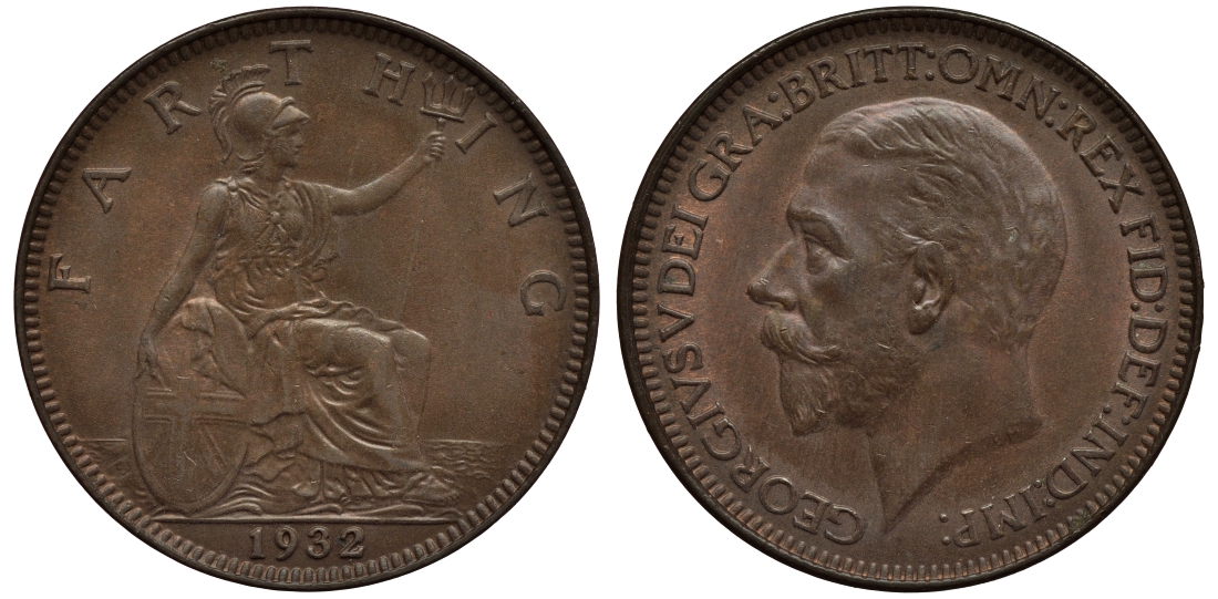 Великобритания 1 фартинг 1932 Георг V (1910-1936) KM 825, Spink 4061 бронза UNC 4114-744