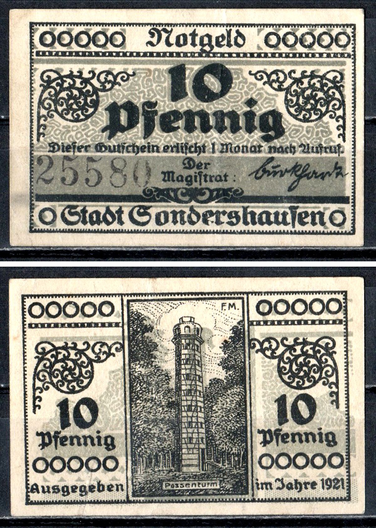 Зондерсхаузен (Тюрингия) 10 пфеннигов 1921 Mehl Grabowski 1241.3.2 бумага UNC (пресс) 7556-64-2-1