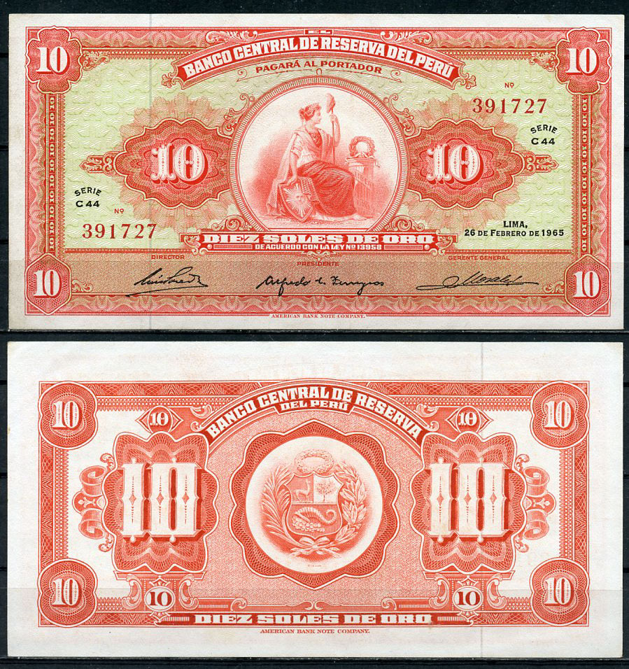 Перу 10 солей 1965 сидящая свобода, American Bank Note Company Pick 88  бумага  аUNC  3295-32-1-1