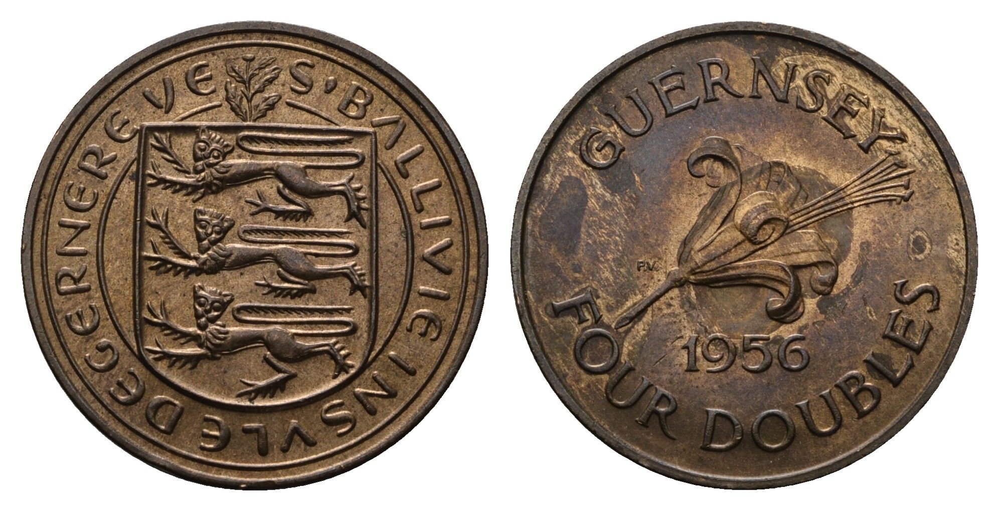Гернси 4 дабла (дубля) 1956 KM 15 бронза 4122-1127