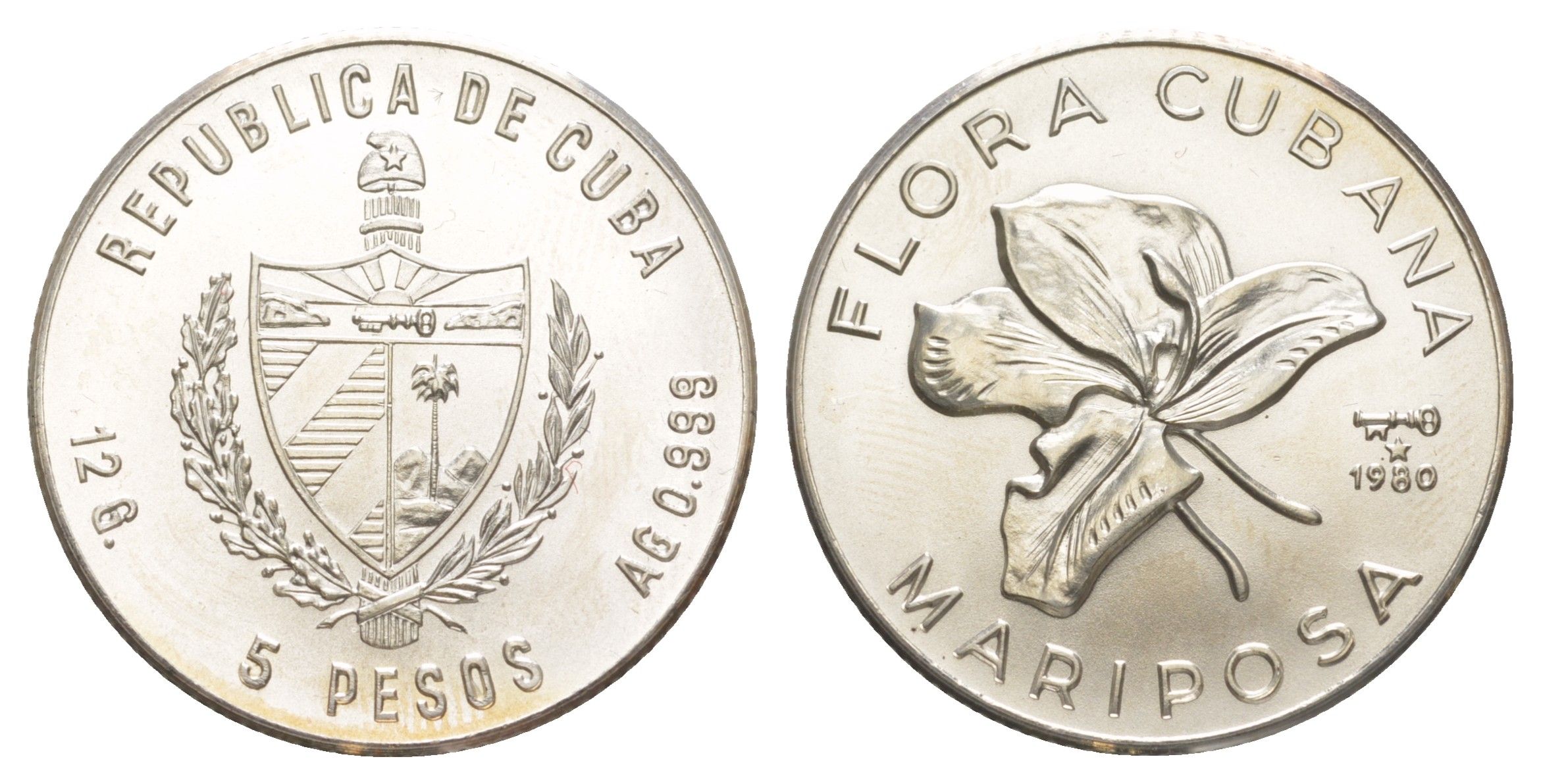 Куба 5 песо 1980 Флора Кубы - Калохортус (Calochortus, Mariposa) KM 49 серебро BU 603-424