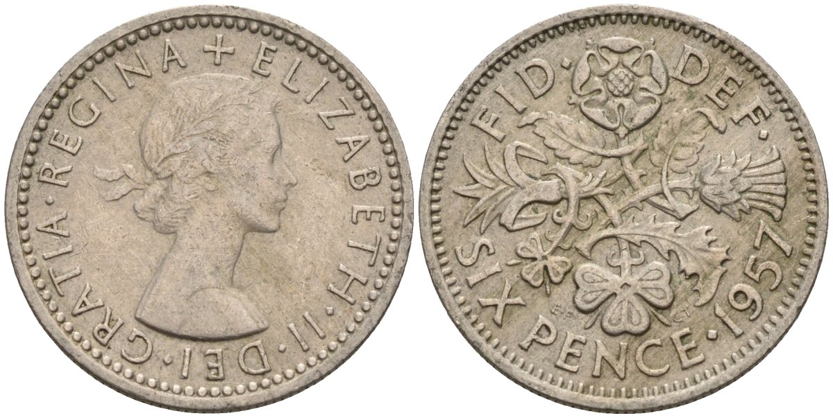 Великобритания 6 пенсов 1957 Елизавета II (1952-2022) KM 903, Spink 4149 медно-никель 4596-1039